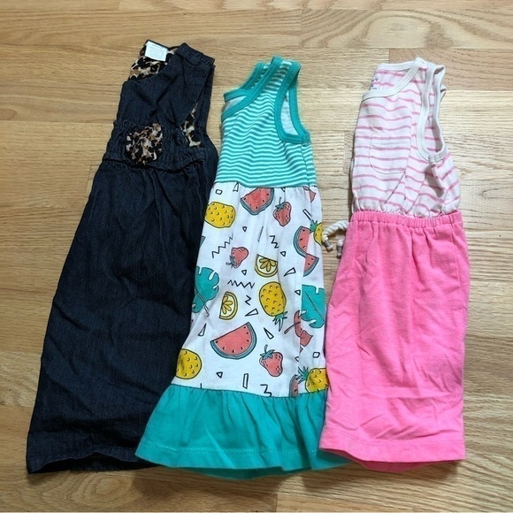 2T Girls Dress Bundle Denim Leopard Print Pineapple Watermelon Striped Pink - Picture 1 of 9